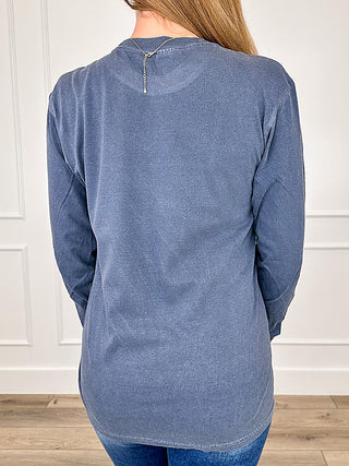 Blue long-sleeve tee with back button placket detail
