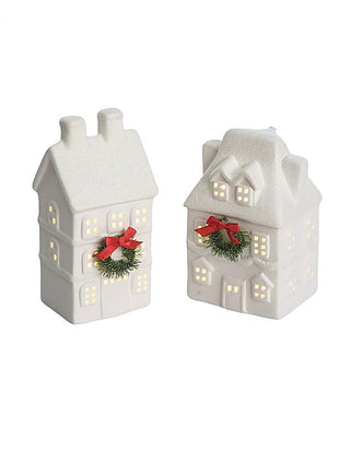 White ceramic LED house decor with lit windows, wreath and red bow, set of 2