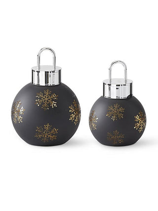 Holiday glass ornament set, matte dark finish with gold snowflake pattern and silver cap