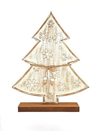 Distressed white wood Christmas tree decor with three tiers and hanging bead ornaments on base