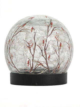 Holiday solar light up decor sphere with red bird scene and black base