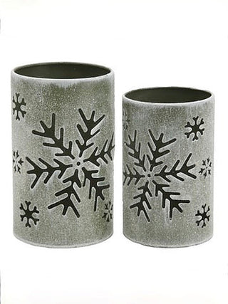 Glitter metal candle holder set, cylindrical with snowflake cutout design, gray finish