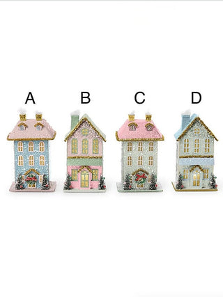 Set of four light-up holiday town house decorations, glitter details, A–D
