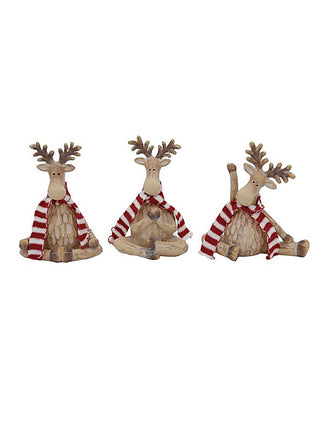 Resin reindeer decor set with three brown figurines in red striped scarves