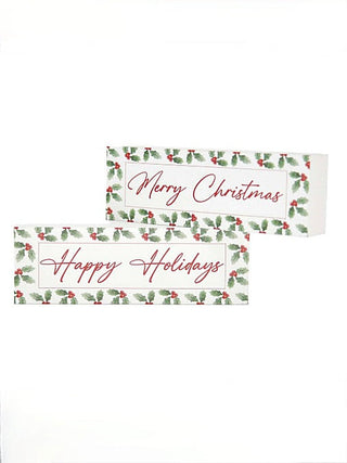 Wood block holiday set: "Merry Christmas" and "Happy Holidays" with holly floral borders