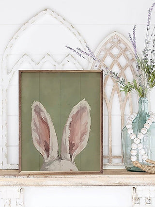 Framed wooden bunny ears easter sign with pink-and-beige bunny illustration