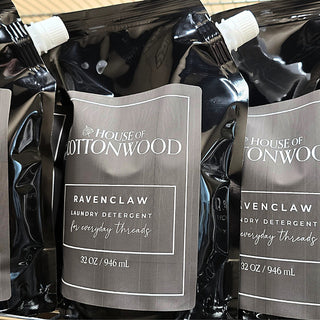 Laundry detergent pouch set: House of Cottonwood Ravenclaw, two black refill bags with caps