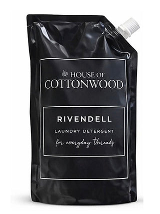 Rivendell laundry detergent refill pouch, black bag with white screw cap