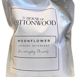 Laundry detergent pouch: House of Cottonwood Moonflower, white refill bag with cap
