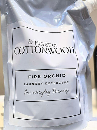 Laundry detergent pouch: House of Cottonwood Fire Orchid, white refill bag with cap