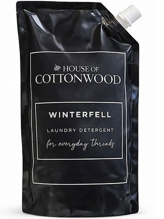 Winterfell laundry detergent refill pouch, black bag with white screw cap