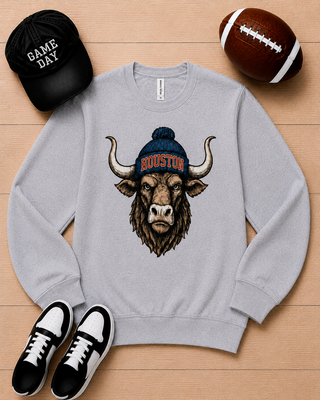 Light gray long-sleeve crewneck sweatshirt with Houston horned bull graphic
