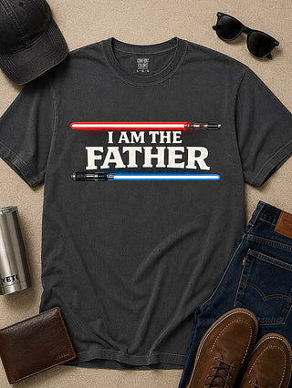 Charcoal cotton short-sleeve T-shirt with 'I AM THE FATHER' lightsaber graphic