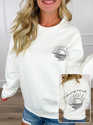White long-sleeve crewneck sweatshirt with sun and ocean graphic
