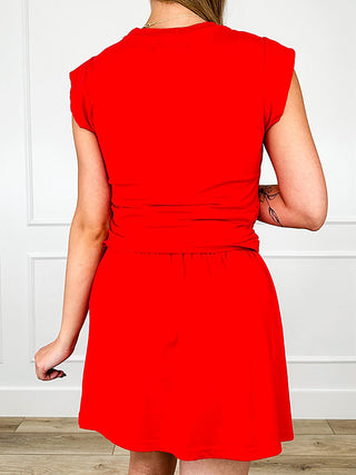 Red cotton skirt set, sleeveless top with gathered back and matching drawstring waist skirt