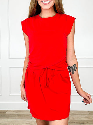 Red cotton skirt set with sleeveless top and drawstring waist skirt, ruched detail
