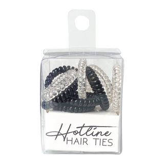 Skinny hair ties in clear package, assorted black, silver, and white