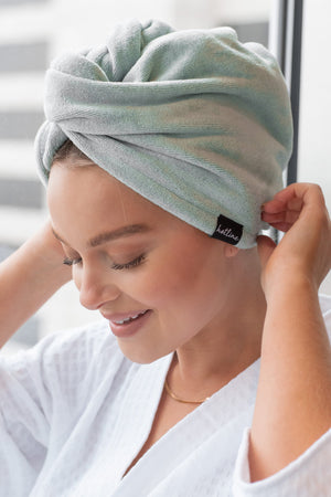 Seafoam towel twist headband, folded turban-style towel wrap with top knot