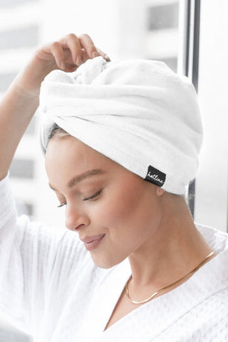 White towel twist headband, folded turban-style towel wrap with top knot