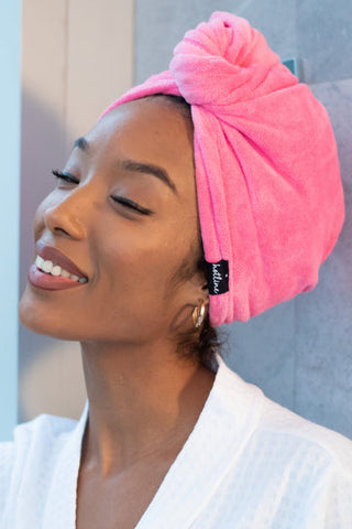 Hot pink towel twist headband, plush folded turban towel wrap with top knot