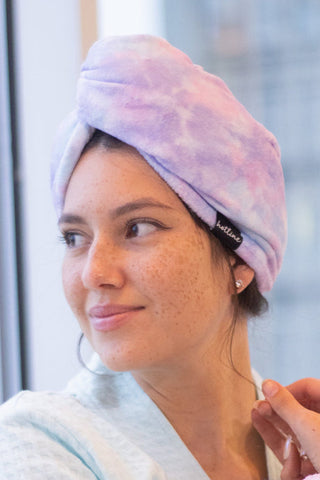 Lavender towel twist headband, pastel tie-dye turban-style towel wrap with top knot