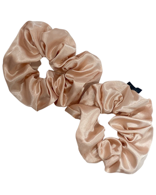 Champagne satin scrunchie with gathered, ruffled texture