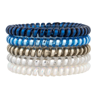 Hair coils set of dark blue, light blue, beige, and white spiral bands