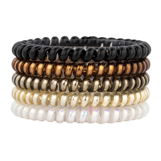 Brown and black hair coil set with highlights, glossy stacked in two rows.