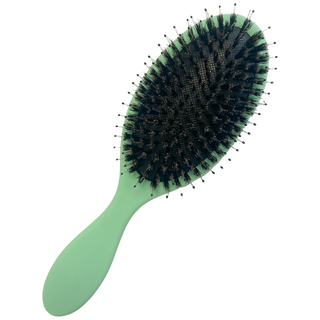 Mint hair brush with round dark bristle head and oval handle.