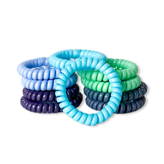 Set of blue, green, and dark purple spiral skinny hair ties minis