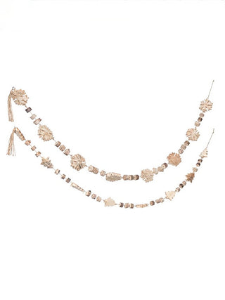 Wood garland with curved line of mixed tree and snowflake wood charm pieces