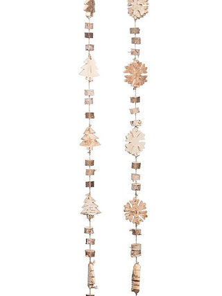 Wood garland with tree and snowflake cutouts on linked bead segments, hanging pair