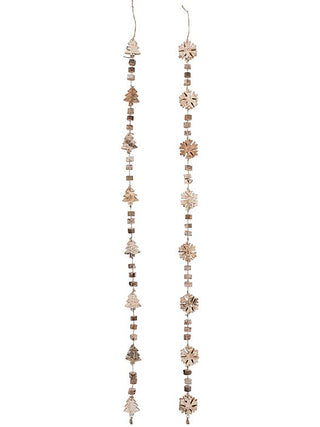 Wood garland strand with stacked tree and snowflake cutouts, hanging with twine