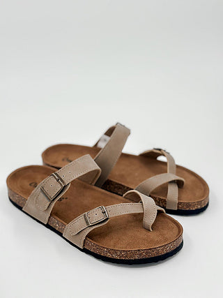 Tan faux leather sandals with two adjustable buckle straps and open toe
