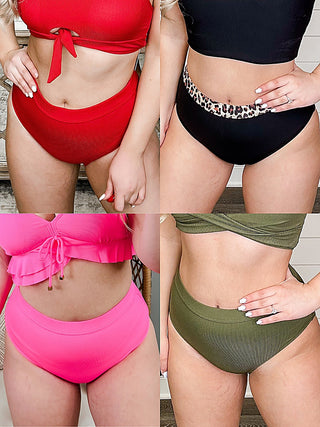 High-rise bikini swim bottoms set in red, black, pink, and olive; front ties.