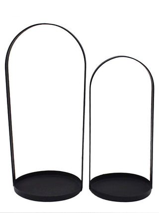 Black metal decor set of two arched stands with flat round bases