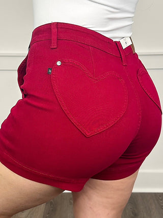 High-rise tummy control wine red shorts with heart-shaped back yoke and button closure