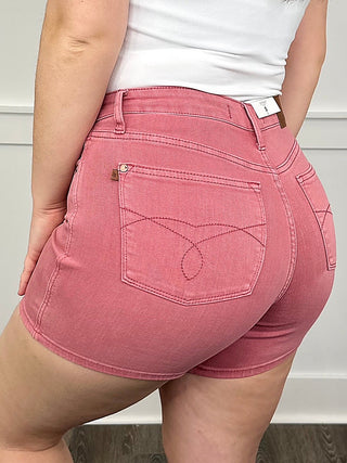 Judy Blue Ana high-rise pink denim shorts, back patch pockets and visible stitching