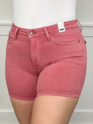 Judy Blue Ana high-rise pink denim shorts, front button and zipper, belt loops