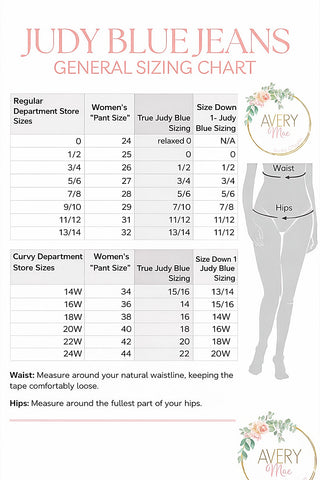 Jeans general sizing chart with waist and hip measurement guide