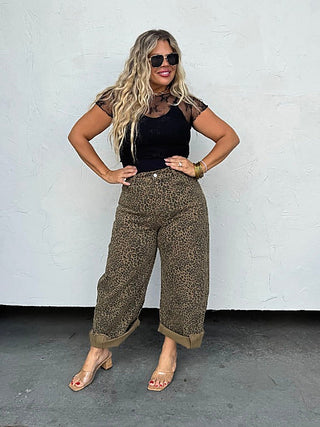 High-rise leopard print cotton barrel jeans with wide cropped legs