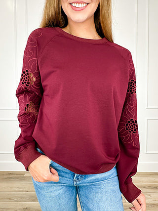Wine red long sleeve top with floral lace sleeves