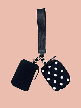 Polka-dot wristlet pouch with detachable mini pouch and wrist strap, dark with white dots