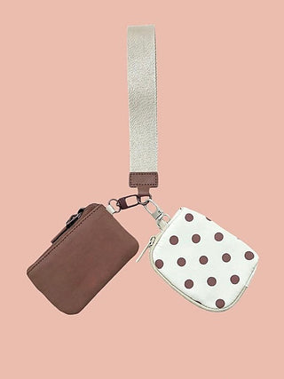 Polka-dot wristlet pouch with wrist strap and detachable mini pouch, brown and cream tones