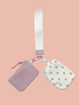 Polka-dot wristlet pouch set with wrist strap and detachable mini pouch, cream with pink dots