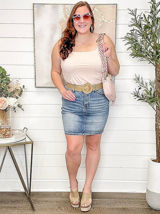 Nude sleeveless bodysuit top with lace-trimmed shoulder and fitted waist