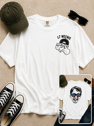White cotton short-sleeve graphic tee with L7 Weenie text and cartoon fist