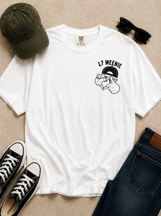 White cotton short-sleeve T-shirt with L7 Weenie front graphic print