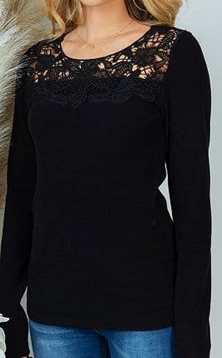 Black ribbed long-sleeve top with lace yoke and scalloped neckline