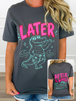 Grey cotton short-sleeve T-shirt with 'Later' pink text and teal gator graphic